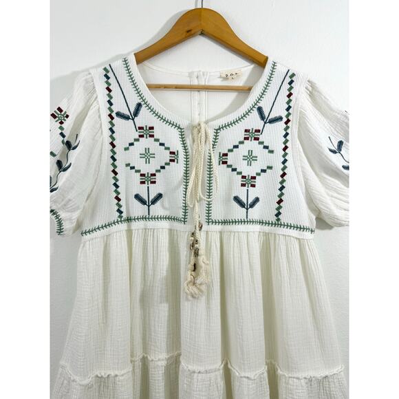 POL Ivory Embroidered Mini Dress Size L Boho Tassel Tie Balloon Sleeve - Picture 6 of 13